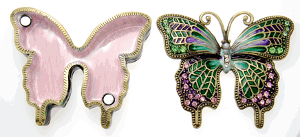 Green Butterfly with pink crystals keepsake urn shown open